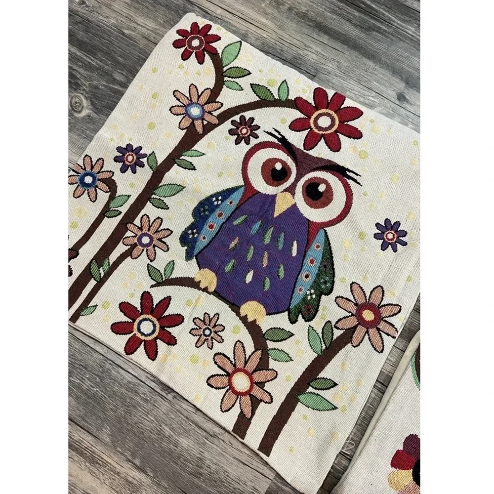 VTG Style Woven Owl Tapestry Pillow Covers Set‎ Boho Folk Art Cottagecore Decor